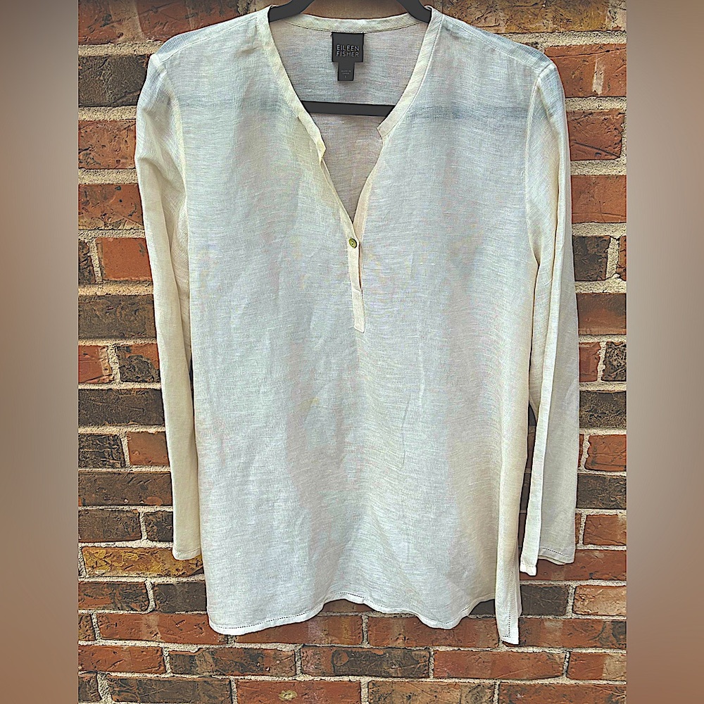 Eileen Fisher Long Blouse In Whisper Weight Linen Silk Blend Button Front Size L